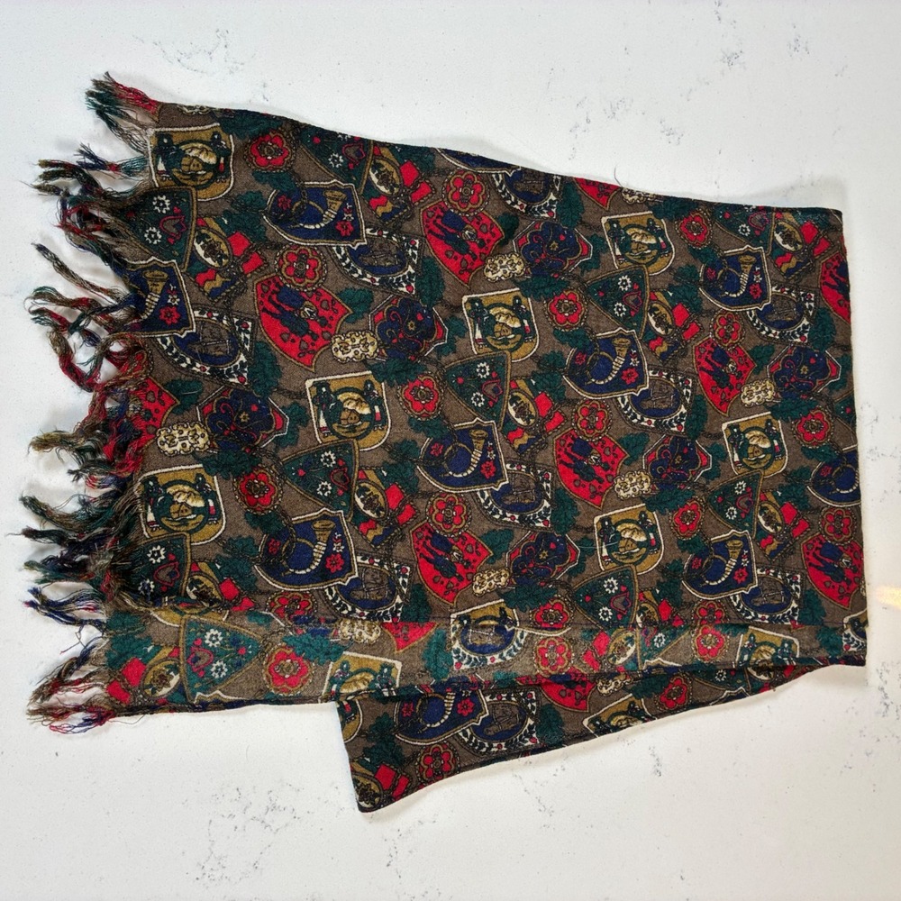 Orvis Scarf Heraldic Crest Fringed USA Traditional Preppy Equestrian Old Money